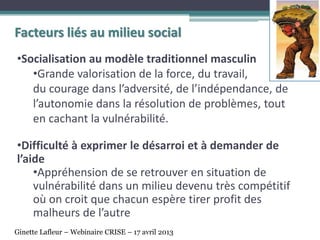 •Socialisation au modèle traditionnel masculin
•Grande valorisation de la force, du travail,
du courage dans l’adversité, de l’indépendance, de
l’autonomie dans la résolution de problèmes, tout
en cachant la vulnérabilité.
•Difficulté à exprimer le désarroi et à demander de
l’aide
•Appréhension de se retrouver en situation de
vulnérabilité dans un milieu devenu très compétitif
où on croit que chacun espère tirer profit des
malheurs de l’autre
Facteurs liés au milieu social
Ginette Lafleur – Webinaire CRISE – 17 avril 2013
 