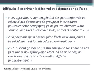 • « Les agriculteurs sont en général des gens renfermés et
même si des discussions de groupe et intervenants
pourraient être bénéfiques, ça ne pourra marcher. Nous
sommes habitués à travailler seuls, envers et contre tous. »
• « La personne qui a besoin qu'on l'aide ne le dira jamais.
Le suicidaire n'est jamais celui qu'on aurait cru. »
• « P.S. Surtout garder nos sentiments pour nous pour ne pas
faire rire et nous faire juger. Alors, on ne parle pas, on
essaie de survivre à cette situation difficile
financièrement. »
Difficulté à exprimer le désarroi et à demander de l’aide
Ginette Lafleur – Webinaire CRISE – 17 avril 2013
 