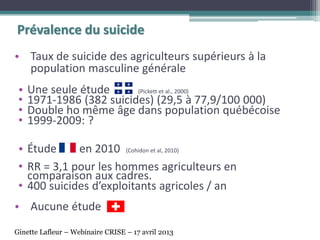 Prévalence du suicide
• Taux de suicide des agriculteurs supérieurs à la
population masculine générale
• Une seule étude (Pickett et al., 2000)
• 1971-1986 (382 suicides) (29,5 à 77,9/100 000)
• Double ho même âge dans population québécoise
• 1999-2009: ?
• Étude en 2010 (Cohidon et al, 2010)
• RR = 3,1 pour les hommes agriculteurs en
comparaison aux cadres.
• 400 suicides d’exploitants agricoles / an
• Aucune étude
Ginette Lafleur – Webinaire CRISE – 17 avril 2013
 