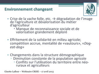 • Crise de la vache folle, etc. → dégradation de l’image
de l’agriculture et dévalorisation du métier
d’agriculteur
 Manque de reconnaissance sociale et de
valorisation grandement déploré
• Effritement de la solidarité en milieu agricole;
compétition accrue, mentalité de «vautours», «Dog-
eat-dog»
• Changements dans la structure démographique
▫ Diminution constante de la population agricole
 Conflits sur l’utilisation du territoire entre néo-
ruraux et agriculteurs
Environnement changeant
Ginette Lafleur – Webinaire CRISE – 17 avril 2013
 