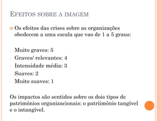 EFEITOS SOBRE A IMAGEM
 Os efeitos das crises sobre as organizações
obedecem a uma escala que vao de 1 a 5 graus:
- Muito graves: 5
- Graves/ relevantes: 4
- Intensidade média: 3
- Suaves: 2
- Muito suaves: 1
Os impactos são sentidos sobre os dois tipos de
patrimônios organizacionais: o patriimônio tangível
e o intangível.
 