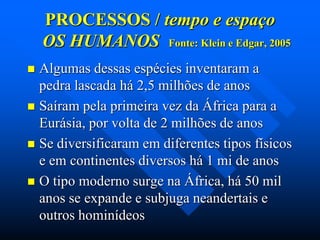 PROCESSOS / tempo e espaço
OS HUMANOS Fonte: Klein e Edgar, 2005
Algumas dessas espécies inventaram a
pedra lascada há 2,5 milhões de anos
 Saíram pela primeira vez da África para a
Eurásia, por volta de 2 milhões de anos
 Se diversificaram em diferentes tipos físicos
e em continentes diversos há 1 mi de anos
 O tipo moderno surge na África, há 50 mil
anos se expande e subjuga neandertais e
outros hominídeos


 