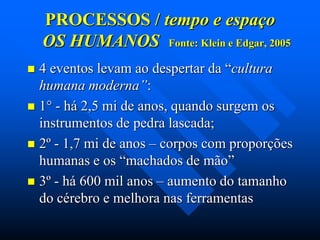 PROCESSOS / tempo e espaço
OS HUMANOS Fonte: Klein e Edgar, 2005
4 eventos levam ao despertar da “cultura
humana moderna”:
 1° - há 2,5 mi de anos, quando surgem os
instrumentos de pedra lascada;
 2º - 1,7 mi de anos – corpos com proporções
humanas e os “machados de mão”
 3º - há 600 mil anos – aumento do tamanho
do cérebro e melhora nas ferramentas


 