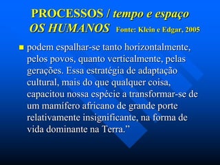 PROCESSOS / tempo e espaço
OS HUMANOS Fonte: Klein e Edgar, 2005


podem espalhar-se tanto horizontalmente,
pelos povos, quanto verticalmente, pelas
gerações. Essa estratégia de adaptação
cultural, mais do que qualquer coisa,
capacitou nossa espécie a transformar-se de
um mamífero africano de grande porte
relativamente insignificante, na forma de
vida dominante na Terra.”

 