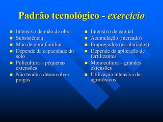 Padrão tecnológico - exercício







Intensivo de mão de obra
Subsistência
Mão de obra familiar
Depende da capacidade do
solo
Policultura – pequenas
extensões
Não tende a desenvolver
pragas








Intensivo de capital
Acumulação (mercado)
Empregados (assalariados)
Depende da aplicação de
fertilizantes
Monocultura – grandes
extensões
Utilização intensiva de
agrotóxicos

 