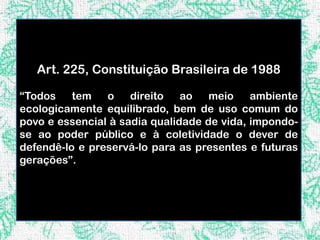 Art. 225, Constituição Brasileira de 1988

“Todos    tem   o    direito   ao   meio    ambiente
ecologicamente equilibrado, bem de uso comum do
povo e essencial à sadia qualidade de vida, impondo-
se ao poder público e à coletividade o dever de
defendê-lo e preservá-lo para as presentes e futuras
gerações”.
 