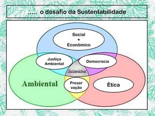 ..... o desafio da Sustentabilidade


                    Social
                      +
                  Econômico


       Justiça
                            Democracia
      Ambiental



                   Preser
                   vação
                                     Ética
 