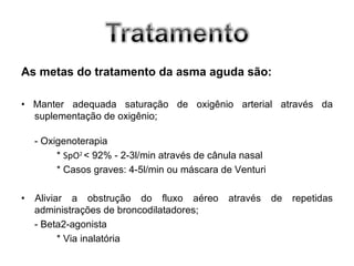 As metas do tratamento da asma aguda são:

• Manter adequada saturação de oxigênio arterial através da
  suplementação de oxigênio;

    - Oxigenoterapia
         * SpO2 < 92% - 2-3l/min através de cânula nasal
         * Casos graves: 4-5l/min ou máscara de Venturi

•   Aliviar a obstrução do fluxo aéreo         através     de   repetidas
    administrações de broncodilatadores;
    - Beta2-agonista
          * Via inalatória
 