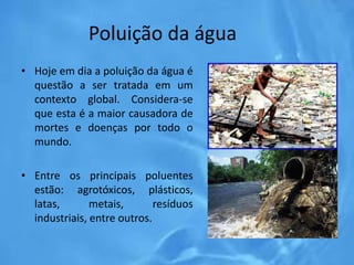 Poluição da água
• Hoje em dia a poluição da água é
questão a ser tratada em um
contexto global. Considera-se
que esta é a maior causadora de
mortes e doenças por todo o
mundo.
• Entre os principais poluentes
estão: agrotóxicos, plásticos,
latas, metais, resíduos
industriais, entre outros.
 