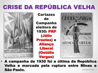 • A campanha de 1930 foi a última da República
Velha e marcada pela ruptura entre Minas e
São Paulo. 3/29/2015Valéria Fernandes 25
Cartazes
de
Campanha
eleitora de
1930: PRP
(Júlio
Prestes) e
Aliança
Liberal
(Getúlio
Vargas)
CRISE DA REPÚBLICA VELHA
 