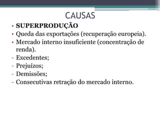 CAUSAS
• SUPERPRODUÇÃO
• Queda das exportações (recuperação europeia).
• Mercado interno insuficiente (concentração de
renda).
- Excedentes;
- Prejuízos;
- Demissões;
- Consecutivas retração do mercado interno.
 