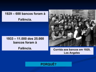 Corrida aos bancos em 1929, Los Angeles 1929 – 600 bancos foram à Falência. 1933 – 11.000 dos 25.000 bancos foram à Falência. PORQUÊ? 