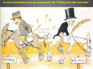 - A crise econômica leva ao rompimento da “Política do café com leite”.
 