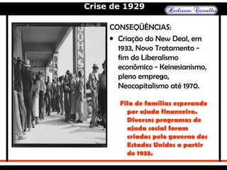 Crise de 1929
CONSEQÜÊNCIAS:
• Criação do New Deal, em
1933, Novo Tratamento -
fim do Liberalismo
econômico - Keinesianismo,
pleno emprego,
Neocapitalismo até 1970.
Fila de famílias esperando
por ajuda financeira.
Diversos programas de
ajuda social foram
criadas pelo governo dos
Estados Unidos a partir
de 1933.
 