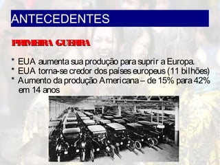 ANTECEDENTES
PRIMEIRA GUERRAPRIMEIRA GUERRA
* EUA aumentasuaprodução parasuprir aEuropa.
* EUA torna-secredor dospaíseseuropeus(11 bilhões)
* Aumento daprodução Americana– de15% para42%
em 14 anos
 