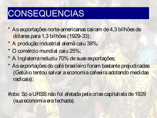 CONSEQUENCIAS
* Asexportaçõesnorte-americanascairam de4,3 bilhõesde
dólarespara1,3 bilhões(1929-33);
* A produção industrial alemãcaiu 39%;
* O comércio mundial caiu 25%;
* A Inglaterrareduziu 70% desuasexportações;
* Asexportaçõesdo cafébrasileiro foram bastanteprejudicadas
(Getúlio tentou salvar aeconomiacafeeiraadotando medidas
radicais);
#obs: Só aURSSnão foi afetadapelacrisecapitalistade1929
(suaeconomiaerafechada).
 