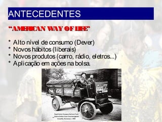 ANTECEDENTES
““AMERICAN WAY OFLIFE”AMERICAN WAY OFLIFE”
* Alto nível deconsumo (Dever)
* Novoshábitos(liberais)
* Novosprodutos(carro, rádio, eletros...)
* Aplicação em açõesnabolsa.
 
