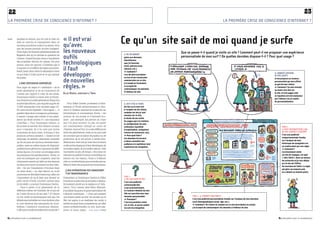 22                                                                                                                                                                                                                                                           23
LA PREMIèRE CRISE DE CoNSCIENCE D’INtERNEt ?                                                                                                                                         LA PREMIèRE CRISE DE CoNSCIENCE D’INtERNEt ?



    quadras et seniors, qui ont pris le train du
       web en marche et transposent dans ce
       nouveau monde les codes d’un savoir-vivre
                                                          « Il est vrai
                                                          qu’avec                                           Ce qu’un site sait de moi quand je surfe
                                                          les nouveaux
       que les jeunes peuvent trouver inadapté.
       Cette ligne de fracture générationnelle est                                                                                           Que se passe-t-il quand je visite un site ? Comment peut-il me proposer une expérience
                                                          outils
       flagrante dès qu’on aborde la question de                                                            IL mE rEConnAîT
       l’intime. Quand les plus vieux s’inquiètent                                                          grâce aux données                personnalisée de mon surf ? De quelles données dispose-t-il ? Pour quel usage ?
                                                          technologiques
                                                                                                            identifiantes
       des possibles dérives du réseau, les plus
                                                                                                            que j’ai fournies
       jeunes, sans les ignorer, n’hésitent pas à                                                           (nom, prénom,sexe,
       s’exposer et à redéfinir les règles qui préva-
       laient jusqu’alors dans la séparation entre
                                                          il faut                                           adresse, etc.).
                                                                                                            ➜ Comment ?
       ce qui était d’ordre privé et ce qui relevait
       du public.
                                                          développer                                        Lors de mon inscription
                                                                                                            ou lors d’une transaction
                                                                                                                                                                                                                             IL ConnAîT CErTAIns
                                                                                                                                                                                                                             DE mEs GoûTs


           UNE iMpUDEUr cONtrôLéE
                                                          de nouvelles                                      commerciale sur ce site,
                                                                                                            j’ai rempli un formulaire
                                                                                                                                                                                                                             et me propose un contenu
                                                                                                                                                                                                                             personnalisé qui sera affiné


       Pour juger du degré d’« exhibition » de la
       jeune génération et de sa conscience de
                                                          règles. »                                         et accepté de
                                                                                                            communiquer ces données
                                                                                                                                                                                                                             au gré de mes visites.
                                                                                                                                                                                                                             ➜ Comment ? Je suis venu(e)
                                                                                                                                                                                                                             au moins une fois sur
                                                                                                            à l’éditeur du site.
       l’intime par rapport à celle de ses aînés,         GillEs DowEk, chErchEur à l’inria                                                                                                                                  le site, et mes pages web
                                                                                                                                                                                                                             et requêtes ont été analysées
       Dominique Cardon a mené, avec la Fonda-
                                                                                                                                                                                                                             par l’éditeur via un cookie
       tion Internet nouvelle génération (Fing) et la                                                                                                                                                                        de personnalisation.
       société faberNovel, une enquête auprès de               Pour Gilles Dowek, professeur d’infor-       IL sAIT D’où JE VIEns
       11 000 internautes (voir encadré page 21).         matique à l’École polytechnique et cher-          (le lien ou le mot clef
       De cette étude baptisée « Sociogeek » – à          cheur à l’Institut national de recherche en       à l’origine de ma visite),
       paraître dans deux ouvrages au printemps –         informatique et automatique (Inria), « les        combien de fois je suis
                                                                                                            venu(e) sur le site,
       il ressort l’image plus subtile d’une géné-        notions de vie privée et d’intimité évo-
                                                                                                            la durée de ma visite,
       ration qui ferait montre d’« une impudeur          luent : par exemple, les parties du corps
                                                                                                            les pages que j’ai visitées,
       contrôlée ». Pour Dominique Cardon, si             que l’on peut montrer, ou pas, en public          la configuration de mon
       les jeunes se servent des réseaux sociaux          ont constamment changé au cours de                ordinateur (système                                                                                                     PUB 3 :
       pour s’exposer, ils n’en sont pas moins            l’histoire. Aujourd’hui, il y a des différences   d’exploitation, navigateur,                                                                                             IL PEUT rEConsTITUEr L’Un
       conscients de leurs actes. Il évoque à leur        entre les générations, mais on ne peut pas        vitesse de connexion, etc).                                                                                             DE mEs CEnTrEs D’InTérêT
                                                                                                            ➜ Pour quoi faire ?                                                                                                     C’est une publicité
       propos le privacy paradox : « Quand on les         en conclure que la notion de pudeur ou de
                                                                                                            Ces données lui servent                                                                                                 comportementale fondée
       interroge, ils laissent clairement entendre        protection de la vie privée n’existe plus.
                                                                                                            à mieux connaître son                                                                                                   sur l’analyse de mon
       qu’ils ont peur de voir leurs données mani-        Néanmoins, il est vrai qu’avec les nouveaux                                                                                                                               historique de navigation via
                                                                                                            audience et à optimiser mon
       pulées, mais en même temps ils bloguent,           outils technologiques il faut développer de                                                                                                                               un cookie placé par une régie.
                                                                                                            expérience de navigation.
       publient leurs photos et s’exposent de diffé-      nouvelles règles, de nouvelles valeurs. Cela                                                                                                                              ➜ Comment ?
       rentes façons. Il y a donc un décalage entre       va prendre un peu de temps. » Soucieux de                                                                                                                                 J’ai récemment visité
       les pratiques et la représentation. Certes, ce     valoriser sa qualité d’acteur scientifique en                                                                                                                             un site de voyages, j’ai tapé
       sont les pratiques qui comptent, mais les          avance sur ces enjeux, l’Inria a d’ailleurs                                                                                                                               « Vols Tahiti » dans un moteur
                                                                                                                                                                                                                                    de recherche et je suis allé(e)
       internautes savent qu’aller sur les réseaux        créé un comité éthique pour prendre part au
                                                                                                                                                                                                                                    sur le site de l’Office
       sociaux peut avoir un impact sur leur iden-        débat et faire des propositions techniques.
                                                                                                                                                                                                                                    du tourisme de Tahiti. La régie
       tité. » Ils ont l’impression d’évoluer dans                                                                                                                                                                                  qui gère ces espaces pub
       un entre-deux, « un clair-obscur où, si les            DEs OpérAtEUrs qUi MANqUENt
                                                                                                                                                                                                                                    en a déduit un intérêt précis.
       personnes se dévoilent beaucoup, elles ont             DE trANspArENcE
       l’impression de ne le faire que devant un          Cependant, ni Dominique Cardon ni Gilles          PUB 1 :
                                                                                                            IL nE sAIT rIEn DE moI
       petit cercle d’amis, souvent connus dans           Dowek ne veulent tirer la sonnette d’alarme.      C’est une publicité
       la vie réelle », poursuit Dominique Cardon.        Ils insistent plutôt sur la vigilance et l’édu-   contextuelle liée
            Faut-il parler d’un glissement de la          cation. Tout comme Jean-Marc Manach,              à son environnement,
       définition même de l’intimité, de ce qui est       journaliste blogueur et grand spécialiste de      ici l’univers féminin du site.
       de l’ordre de soi et de soi seul ? À l’heure       l’identité numérique : « Ceux qui passent         Elle est sans lien avec mes
       où les outils technologiques tels que les          une bonne partie de leur vie sociale sur le       données personnelles.                    PUB 2 : IL ConnAîT mon ProfIL
                                                                                                            ➜ Pourquoi ?                             C’est une publicité personnalisée fondée sur l’analyse de mes données
       téléphones portables ne nous quittent plus         Net ont appris à en maîtriser les outils, à
                                                                                                            C’est ma première visite                 socio-démographiques (sexe, âge, etc.) .
       et sont devenus des extensions de nous-            mettre en avant leurs compétences, qu’elles                                                ➜ Comment ? En créant un compte sur ce site (inscription ou achat),
                                                                                                            sur ce site, et aucun cookie
       mêmes, l’existence numérique dessine-              soient professionnelles ou non, leurs pas-        ne suit ma navigation.                   j’ai accepté de communiquer ces données à l’éditeur du site.
       t-elle une nouvelle frontière de la vie privée ?   sions et leurs exper- Suite page 24 


3.3_regards sur le numérique                                                                                                                                                                                                     3.3_regards sur le numérique
 