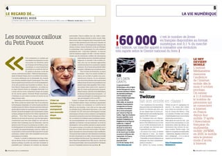 4                                                                                                                                                                                                                                                                                                                           5
LE REGARD DE…                                                                                                                                                                                                                                                                         LA VIE NuMÉRIQuE
        EMMANUEL HOOG
        Président directeur général de l’Institut national de l’audiovisuel (INA), auteur de Mémoire, année zéro, Seuil, 2009.




Les nouveaux cailloux
                                                                                                                                                                   ¦60000                          c’est le nombre de livres
                                                                                                 personnelles. Dans le meilleur des cas, celles-ci atter-
                                                                                                 rissent dans des réseaux fermés ou semi-ouverts. Mais,
                                                                                                                                                                                                   en français disponibles au format
du Petit Poucet
                                                                                                 bien souvent, elles s’échappent dans l’immensité du web,
                                                                                                 espace où elles graviteront peut-être pour l’éternité, tel
                                                                                                 un satellite à la dérive. Le développement fulgurant des                                          numérique, soit 0,1 % du marché




«
                                                                                                 réseaux sociaux comme Facebook ne fait qu’officialiser
                                                                                                 et systématiser cette numérisation de notre existence
                                                                                                                                                                   de l’édition, un marché appelé à connaître une évolution
                                                                                                 quotidienne, avec – il faut bien l’admettre – le concours         très rapide selon le Centre national du livre. ¦
                                                                                                 actif de nombreux usagers. En effet, c’est bien volontai-
                                                                                                 rement que les internautes confient des informations
                               Pour commencer, je voudrais que                                                 aussi intimes que leur orientation politique,
                               vous fassiez tous attention à ce que                                            religieuse ou sexuelle à des sociétés pri-
                                                                                                                                                                                                                                                                                                    lE nET
                                                                                                                                                                                                                                                                                                    dEvIEnT




                                                                                                                                                                                                 www.ITOwOrld.cOm
                               vous postez sur Facebook, parce                                                 vées, pour qui ces données agglomérées
                               qu’à l’époque de YouTube, quoi que                                              constituent avant tout un précieux capital à                                                                                                                                         mobIlE
                               vous fassiez, on vous le ressortira à
                               un moment ou un autre de votre vie.
                                                                                                               conserver. Car, à l’heure de la publicité ciblée,
                                                                                                               connaître l’utilisateur est un business en soi.
                                                                                                                                                                                                                                                                                                    L’institut
                               Et, quand on est jeune, on fait des                                                  Face à toutes ces évolutions, un risque                                                                                                                                         Médiamétrie
       erreurs, on fait des trucs idiots. » Telle fut la réponse spon-                                         se dessine : celui d’un monde orwellien où
                                                                                                                                                                                                                                                                                                    mesurera
       tanée de Barack Obama, face à un auditoire de lycéens,                                                  chacun de nos faits et gestes nous pour-            GB                                                                                                                               l’audience
       à un jeune adolescent qui lui demandait des conseils
       pour devenir président quand il serait grand. Et si cette
                                                                                                               suivrait pour toujours, où non seulement
                                                                                                               nos erreurs de jeunesse, mais aussi les plus
                                                                                                                                                                   dES dATA                                                                                                                         de l’Internet
       mise en garde fut prononcée sur le ton de la plaisanterie,                                              infimes traces de notre vie quotidienne nous        grATIS                                                                                                                           mobile dès le
       on ne peut pourtant que la prendre au sérieux. Car, au                                                  seraient sans cesse rappelées. Bref, un éter-       Le gouvernement
       fond, Barack Obama parle d’expérience : en surfant sur                                                  nel présent dans lequel notre capacité à            britannique a mis en ligne                                                                                                       mois d’octobre
       la vague Internet durant sa campagne électorale, il en
       a aussi subi les revers, notamment lorsque les images
                                                                                                               aller de l’avant serait gravement menacée.
                                                                                                               Robert Darnton, directeur de la bibliothèque
                                                                                                                                                                   le site Data.gov.uk, qui va
                                                                                                                                                                   recenser plusieurs milliers
                                                                                                                                                                                                                                                                                                    prochain.
                                                                                                                                                                                                                    TICE
       de son ancien pasteur Jeremiah Wright maudissant                                                        de Harvard, déclarait ainsi récemment : « Je        de données publiques.                                                                                                            On estime
                                                                                                                                                                                                                    Twitter
                                                                         © INA




       l’Amérique se sont mises à tourner en boucle sur les                                                    crains que [Google] n’en sache plus sur moi         2 879 datasets sont
                                                                                                                                                                   d’ores et déjà disponibles
                                                                                                                                                                                                                                                                                                    à 11,8 millions
       plates-formes vidéo.                                                                                    que, par exemple, la CIA ou le FBI. »
                                                                                                                                                                                                                                                                                                    le nombre de
            Désormais, sur le web, tout circule, mais rien ne s’ou-
       blie. Notre société est entrée dans l’ère d’une mémoire
                                                                                 Créer un
                                                                                 habeas corpus
                                                                                                      Contrer ce danger bien réel passe par l’invention
                                                                                                 d’un véritable habeas corpus numérique garantissant
                                                                                                                                                                   sur le site officiel.
                                                                                                                                                                   Pêle-mêle, on trouve le                          fait son entrée en classe !                                                     personnes qui
                                                                                                                                                                   nombre d’avortements                             C’est l’expérience de microblog-         Twitter lui sert d’« agrégateur de
       technologique ubiquitaire, où l’action la plus anodine, le
       moindre propos de café du commerce peuvent demeurer                       numérique
                                                                                                 à chaque citoyen non seulement un contrôle réel et
                                                                                                 effectif sur ses données, c’est-à-dire sa vie, mais aussi         enregistrés en Écosse,                           ging que mène une enseignante de         savoirs ». En classe, elle l’utilise
                                                                                                                                                                                                                                                                                                    se connectent
       gravés dans le marbre du numérique pour un temps indé-                    marquerait      un véritable droit à l’effacement des traces, c’est-à-dire        le nombre d’accidents                            lettres et d’histoire-géo avec une       pour varier les activités en fonc-     à Internet
                                                                                                                                                                   de la route provoqués
       terminé. Ajouts de messages ou de commentaires, achats
       en ligne, partages de photos et de vidéos, signatures de
                                                                                 une nouvelle    à l’intimité. En 1978, alors que se développait le fichage
                                                                                                 informatique, la France avait su élaborer une législation
                                                                                                                                                                   par l’alcool au Pays de
                                                                                                                                                                                                                    de ses classes dans un lycée pro-
                                                                                                                                                                                                                    fessionnel de La Rochelle, depuis la
                                                                                                                                                                                                                                                             tion du niveau des élèves.« Cela
                                                                                                                                                                                                                                                             m’a permis d’évaluer leur travail,
                                                                                                                                                                                                                                                                                                    en France
       pétitions… Tel le Petit Poucet, chaque individu sème                      étape           innovante et protectrice avec la loi Informatique et liber-
                                                                                                                                                                   Galles, l’âge des étudiants
                                                                                                                                                                                                                    rentrée 2009. Comment ?                  d’individualiser mon cours et de les   depuis leur
                                                                                                                                                                   les plus qualifiés, ou le
       derrière lui une foule de traces qui, une fois regroupées,                historique.     tés. La création d’un habeas corpus numérique marque-
                                                                                                                                                                   nombre d’adoptions en
                                                                                                                                                                                                                    En l’intégrant dans son disposi-         rendre plus autonomes. »               mobile. D’après
       constitueront peut-être, bien malgré lui, une sorte de                                    rait incontestablement une nouvelle étape historique,                                                              tif pédagogique pour poster des          Bilan après six mois de test : une
       portrait-robot numérique pour les décennies, voire les                                    signifiant qu’Internet n’est pas seulement un mode de
                                                                                                                                                                   Angleterre et au Pays de
                                                                                                                                                                                                                    liens et des références sur un livre     interactivité permanente et une
                                                                                                                                                                                                                                                                                                    l’Association
                                                                                                                                                                   Galles etc. L’objectif
       siècles à venir. Et nous n’en sommes qu’au début : avec                                   transmission, voire un média, mais bien un espace public          du gouvernement est                              ou sur un film récemment sorti, et       implication réelle des élèves, qui     française du
       le développement de la biométrie, de la géolocalisation,
       ou, bientôt, des nanotechnologies, notre vie « réelle » ne
                                                                                                 d’un genre nouveau, où la notion de citoyenneté, en ce
                                                                                                 début de xxie siècle, doit avoir toute sa place. Une légis-
                                                                                                                                                                   de jouer la carte de la                          pour partager ses réactions avec
                                                                                                                                                                                                                    l’ensemble de la classe.
                                                                                                                                                                                                                                                             deviennent des acteurs du sys-
                                                                                                                                                                                                                                                             tème scolaire. Twitter exige « les
                                                                                                                                                                                                                                                                                                    multimédia
                                                                                                                                                                   transparence citoyenne
       va pas tarder à s’interconnecter elle aussi avec le monde                                 lation nationale est certes nécessaire, mais insuffisante.        et de nourrir par la même                        « En amont d’un cours, je tweete         règles et compétences habituelles      mobile (AFMM),
       numérique, rendant ainsi cette traçabilité encore plus                                    L’Europe devrait se saisir de cette dimension numérique           occasion la réflexion des                        les séances à venir : les objets         – expression, langage, culture, res-   en 2020, le mobile
       automatique et invisible.                                                                 de notre citoyenneté, et, au-delà, c’est au niveau mondial        industriels. En France,                          d’étude, les définitions à chercher.     pect, pédagogie –, il n’y a que le
            Comme l’a montré le phénomène des blogs, Inter-                                      que le problème doit être posé. Pour reprendre l’expres-          le « Data.gouv.fr »                              J’intensifie ce travail obligatoire en   support qui est innovant. »            sera le premier
       net est devenu le lieu d’une hybridation croissante des                                   sion d’Alex Türk, président de la CNIL, seul un « Kyoto des       pourrait ouvrir                                  indiquant des liens complémen-                                                  mode d’accès
                                                                                                                                                                   à la fin de l’année 2010.                                                                 http://frompennylane.
       sphères publique et privée, qui rend bien incertaine la
       possibilité pour l’utilisateur de contrôler ses données
                                                                                                 données personnelles » peut nous permettre d’échapper
                                                                                                 encore à l’insatiable mémoire des machines. ■                      http://data.gov.uk/
                                                                                                                                                                                                                    taires à consulter. »
                                                                                                                                                                                                                    En dehors du temps scolaire,             blogspace.fr/
                                                                                                                                                                                                                                                                                                    à Internet.

3.3_regards sur le numérique                                                                                                                                                                                                                                                                        3.3_regards sur le numérique
 