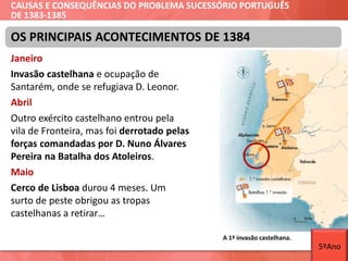 CAUSAS E CONSEQUÊNCIAS DO PROBLEMA SUCESSÓRIO PORTUGUÊS
DE 1383-1385
Janeiro
Invasão castelhana e ocupação de
Santarém, onde se refugiava D. Leonor.
Abril
Outro exército castelhano entrou pela
vila de Fronteira, mas foi derrotado pelas
forças comandadas por D. Nuno Álvares
Pereira na Batalha dos Atoleiros.
Maio
Cerco de Lisboa durou 4 meses. Um
surto de peste obrigou as tropas
castelhanas a retirar…
OS PRINCIPAIS ACONTECIMENTOS DE 1384
A 1ª invasão castelhana.
5ºAno
 