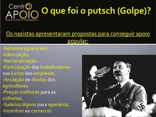 Além dos JUDEUS que haviam conspiradocontra os interesses do povo alemão.1° Guerra MundialAnos de 1920Quebra da CapitalismoSuperprodução Quebra da bolsa Quebra dos Países EuropeusAgriculturaNewDealIndústria EmpregoA crise do 1929NazismoRegimes AutoritáriosFascismoMussolini ao PoderFascismoMarcha sobre RomaNazismo