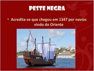 Peste Negra
• Acredita-se que chegou em 1347 por navios
vindo do Oriente
 