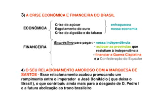 3) A CRISE ECONÔMICA E FINANCEIRA DO BRASIL
ECONÔMICA
Crise do açúcar
Esgotamento do ouro
Crise do algodão e do tabaco
enfraqueceu
nossa economia
FINANCEIRA
Empréstimo para pagar: - nossa independência
- sufocar as províncias que
resistiam à independência
- financiar a Guerra Cisplatina
e a Confederação do Equador
4) O SEU RELACIONAMENTO AMOROSO COM A MARQUESA DE
SANTOS - Esse relacionamento acabou provocando um
rompimento entre o Imperador e José Bonifácio ( que deixa o
Brasil ), o que contribuiu ainda mais para o desgaste de D. Pedro I
e a futura abdicação ao trono brasileiro
 