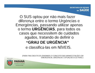 O SUS optou por não mais fazer
diferença entre o termo Urgências e
Emergências, passando utilizar apenas
o termo URGÊNCIAS, para todos os
casos que necessitem de cuidados
agudos, tratando de definir o
“GRAU DE URGÊNCIA”
e classificá-las em NÍVEIS.
(PARA FINS DIDÁTICOS DIVIDIMOS O CONCEITO DAS MANIFESTAÇÕES EM
EMERGENCIA, URGENCIA E SITUAÇÕES ELETIVAS )
 