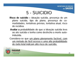 2525
55 -- SUICIDIOSUICIDIO
Risco de suicRisco de suicíídiodio –– ideaideaçção suicida, presenão suicida, presençça de uma de um
plano suicida, tipo de plano, presenplano suicida, tipo de plano, presençça de coa de co--
morbidades, tentativas prmorbidades, tentativas préévias, tentativa atual, riscovias, tentativa atual, risco
de recidiva.de recidiva.
Avaliar aAvaliar a probabilidade de que a ideaprobabilidade de que a ideaçção suicida leveão suicida leve
ao ato suicida e tenha como desfecho a morte autoao ato suicida e tenha como desfecho a morte auto--
induzida.induzida.
ConsideraConsidera--se quese que um plano plenamente factum plano plenamente factíível, comvel, com
um mum méétodo de ftodo de fáácil acesso e uma alta probabilidadecil acesso e uma alta probabilidade
de êxito letal indicam alto risco de suicde êxito letal indicam alto risco de suicíídio.dio.
 