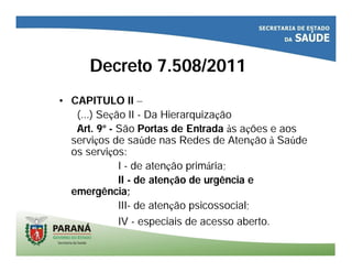 Decreto 7.508/2011
• CAPITULO II –
(...) Seção II - Da Hierarquização
Art. 9º - São Portas de Entrada às ações e aos
serviços de saúde nas Redes de Atenção à Saúde
os serviços:
I - de atenção primária;
II - de atenção de urgência e
emergência;
III- de atenção psicossocial;
IV - especiais de acesso aberto.
 