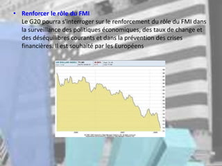 • Renforcer le rôle du FMI
Le G20 pourra s'interroger sur le renforcement du rôle du FMI dans
la surveillance des politiques économiques, des taux de change et
des déséquilibres courants et dans la prévention des crises
financières. Il est souhaité par les Européens
 