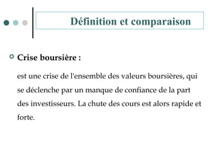 Définition et comparaison
 Crise boursière :
est une crise de l'ensemble des valeurs boursières, qui
se déclenche par un manque de confiance de la part
des investisseurs. La chute des cours est alors rapide et
forte.
 