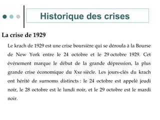 La crise de 1929
Le krach de 1929 est une crise boursière qui se déroula à la Bourse
de New York entre le 24 octobre et le 29 octobre 1929. Cet
événement marque le début de la grande dépression, la plus
grande crise économique du Xxe siècle. Les jours-clés du krach
ont hérité de surnoms distincts : le 24 octobre est appelé jeudi
noir, le 28 octobre est le lundi noir, et le 29 octobre est le mardi
noir.
Historique des crises
 