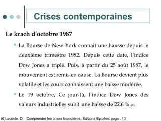 Le krach d’octobre 1987
 La Bourse de New York connaît une hausse depuis le
deuxième trimestre 1982. Depuis cette date, l’indice
Dow Jones a triplé. Puis, à partir du 25 août 1987, le
mouvement est remis en cause. La Bourse devient plus
volatile et les cours connaissent une baisse modérée.
 Le 19 octobre, Ce jour-là, l’indice Dow Jones des
valeurs industrielles subit une baisse de 22,6 %.(6)
Crises contemporaines
(6)Lacoste. O : Comprendre les crises financières; Éditions Eyrolles; page : 40
 