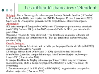 Les difficultés bancaires s’étendent
Belgique : Fortis. Sauvetage de la banque par les trois États du Bénélux (11,2 mds €
le 28 septembre 2008). Puis reprise par BNP Paribas pour 15 mds € (6 octobre 2008).
Sauvetage de Dexia par les gouvernements belge, français et luxembourgeois.
Allemagne :
IKB est sauvée par l’État (octobre 2007) avant d’être reprise par un fonds américain
(août 2008). Sachsen LB (octobre 2007) demande l’aide de l’État puis est rachetée
par LBBW.
Bayern LB réclame de l’aide et surtout Hypo Real Estate en grande difficulté est
finalement sauvée par l’intervention de l’État qui garantit les dépôts bancaires.
(octobre 2008)
Grande Bretagne :
La banque Alliance & Leicester est rachetée par l’espagnol Santander (14 juillet 2008)
qui possède déjà Abbey National
La banque Halifax Bank Of Scotland (HBOS), spécialisée dans les crédits
immobiliers (première banque britannique dans l’immobilier) est rachetée par
Lloyds TSB (18 septembre 2008)
la banque Bradford & Bingley est sauvée par l’intervention du gouvernement
(nationalisation) et de la banque espagnole Santander (via Abbey National) (29
septembre)
L’État entre au capital de RBS (50%) et HBOS (70%) : augmentation de capital et
devient majoritaire (12 octobre 2008)
 