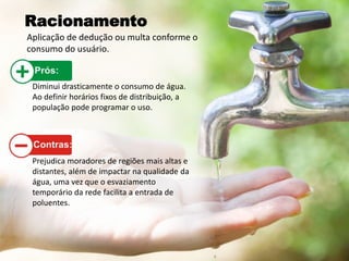 Racionamento
Diminui drasticamente o consumo de água.
Ao definir horários fixos de distribuição, a
população pode programar o uso.
Prejudica moradores de regiões mais altas e
distantes, além de impactar na qualidade da
água, uma vez que o esvaziamento
temporário da rede facilita a entrada de
poluentes.
Aplicação de dedução ou multa conforme o
consumo do usuário.
 