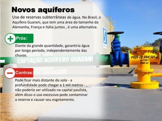 Novos aquíferos
Uso de reservas subterrâneas de água. No Brasil, o
Aquífero Guarani, que tem uma área do tamanho da
Alemanha, França e Itália juntos , é uma alternativa.
Diante da grande quantidade, garantiria água
por longo período, independentemente das
chuvas.
Pode ficar mais distante do solo - a
profundidade pode chegar a 1 mil metros - ,
não poderia ser utilizado na capital paulista,
além disso o uso excessivo pode contaminar
a reserva e causar seu esgotamento.
 