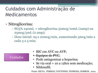 Cuidados com Administração de
Medicamentos
• Nitroglicerina:
- SG5% 240mL + nitroglicerina 50mcg/10mL (1amp) ou
25mcg/5mL (2 amp);
- Dose inicial: 05 a 20mcg/min, aumentando 5mcg/min a
cada 3 a 5 min;
Cuidados
• BIC em AVC ou AVP;
• Equipos de PVC;
• Pode antagonizar a heparina;
• Se via oral = 10 a 12hrs sem medicação;
• Sildenafil;
Fonte: SILVA, FERRAZ, COUTINHO, PEDROSA, BARROS, 2012.
 