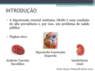 INTRODUÇÃO
• A hipertensão arterial sistêmica (HAS) é uma condição
de alta prevalência e, por isso, um problema de saúde
pública
• Órgãos-alvo:
Hipertrofia Ventricular
Esquerda
Acidente Vascular
Encefálico
Insuficiência
renal
Fonte: Sousa e Passarelli Júnior, 2014
 