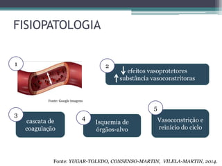 FISIOPATOLOGIA
efeitos vasoprotetores
substância vasoconstritoras
cascata de
coagulação
Isquemia de
órgãos-alvo
Vasoconstrição e
reinício do ciclo
2
3
4
5
1
Fonte: Google imagens
Fonte: YUGAR-TOLEDO, CONSENSO-MARTIN, VILELA-MARTIN, 2014.
 