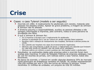 Cases: o caso Tylenol (modelo a ser seguido) Ocorrido em 1982. O medicamento foi adulterado com cianeto, matando sete pessoas nos Estados Unidos. Apesar do grave problema, a imagem da Johnson & Johnson não foi afetada. A diretoria assumiu a responsabilidade, auxiliou as pessoas afetadas e não sonegou informações à imprensa, pelo contrário, tratou-a como parceira na divulgação dos fatos. O que a Johnson & Johnson fez: Foi à imprensa e divulgou que o medicamento foi adulterado. Solicitou à população que o uso do Tylenol em versão cápsulas fosse suspenso. Recolheu todo o estoque do medicamento dos hospitais, farmácias e demais pontos de venda. Deu subsídio aos hospitais nos casos de envenenamento registrados. Ofereceu aos consumidores a opção de trocar o medicamento em cápsulas que tivessem em casa pela versão em tabletes, que não podia sofrer sabotagem. Ofereceu prêmio em dinheiro a quem pudesse dar informações sobre o adulterador. Resultados: as explicações dadas pela empresa sobre o ocorrido foram bem aceitas pela imprensa. O setor de Relações Públicas da empresa catalogou mais de 125 mil recortes de jornais, com notícias sobre o caso Tylenol, todos eles favoráveis. Na época do ocorrido, o Tylenol em versão cápsulas abastecia 35% do mercado norte-americano de analgésicos vendidos em balcão. As vendas representavam US$ 450 milhões por ano e 15% dos lucros da Johnson & Johnson. Foram recolhidos 31 milhões de unidades, um prejuízo de US$ 50 milhões. Crise 