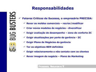 Fatores Críticos de Sucesso, o empresário PRECISA: Rever os moldes comerciais – recriar/modificar Criar novos modelos de negócios - diversificar Exigir avaliação de desempenho – zona de conforto ZC Exigir atualizações por parte da gerência - ZC Exigir Plano de Negócios da gerência Ter os objetivos BEM definidos Exigir relacionamento e não contato com os clientes Rever imagem do negócio – Plano de Marketing Responsabilidades 
