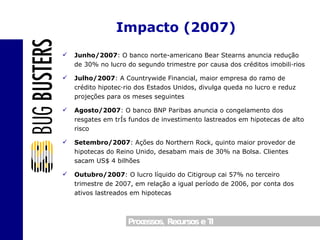 Junho/2007 : O banco norte-americano Bear Stearns anuncia redução de 30% no lucro do segundo trimestre por causa dos créditos imobiliários Julho/2007 : A Countrywide Financial, maior empresa do ramo de crédito hipotecário dos Estados Unidos, divulga queda no lucro e reduz projeções para os meses seguintes Agosto/2007 : O banco BNP Paribas anuncia o congelamento dos resgates em três fundos de investimento lastreados em hipotecas de alto risco Setembro/2007 : Ações do Northern Rock, quinto maior provedor de hipotecas do Reino Unido, desabam mais de 30% na Bolsa. Clientes sacam US$ 4 bilhões Outubro/2007 : O lucro líquido do Citigroup cai 57% no terceiro trimestre de 2007, em relação a igual período de 2006, por conta dos ativos lastreados em hipotecas Impacto (2007) 