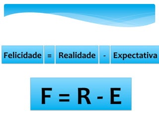 Felicidade	
   =	
   Realidade	
   -­‐	
   Expectativa	
  
F	
  =	
  R	
  -­‐	
  E	
  
 