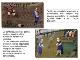 Devido à mortandade, escasseia a mão-de-obra nos campos. Os salários aumentam, a produção agrícola baixa e os preços disparam. Os senhores, vendo-se com os rendimentos diminuídos, aumentam as rendas e impostos. Os reis tabelam os salários e procuram fixar as populações à terra, impedindo o êxodo rural para as cidades. O açambarcamento e a especulação revoltam os camponeses. 