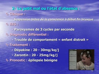 2- Le petit mal ou l’état d’absence :
 Clinique :
- Suspension brève de la conscience à début fin brusque
 EEG :
- Paroxysmes de 3 cycles par seconde
 Diagnostic différentiel :
- Trouble de comportement « enfant distrait »
 Traitement :
- Dépakine : 20 - 30mg/kq/j
- Zarontin : 20 - 25mg/kg/j
 Pronostic : épilepsie bénigne
14
 