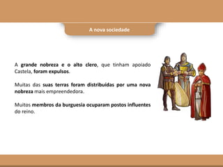 A nova sociedade
A grande nobreza e o alto clero, que tinham apoiado
Castela, foram expulsos.
Muitas das suas terras foram distribuídas por uma nova
nobreza mais empreendedora.
Muitos membros da burguesia ocuparam postos influentes
do reino.
 