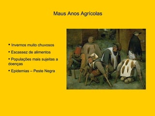Invernos muito chuvosos Escassez de alimentos Populações mais sujeitas a doenças Epidemias – Peste Negra Maus Anos Agrícolas 