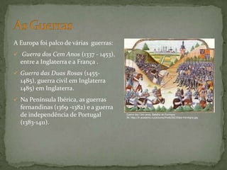 A Europa foi palco de várias guerras:
 Guerra dos Cem Anos (1337 - 1453),
entre a Inglaterra e a França .
 Guerra das Duas Rosas (1455-
1485), guerra civil em Inglaterra
1485) em Inglaterra.
 Na Península Ibérica, as guerras
fernandinas (1369 -1382) e a guerra
de independência de Portugal
(1383-1411).
Guerra dos Cem anos, Batalha de Formigny
IN: http://fr.academic.ru/pictures/frwiki/50/250px-Formigny.jpg
 