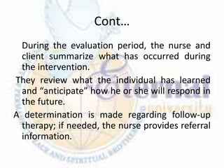 Cont…
During the evaluation period, the nurse and
client summarize what has occurred during
the intervention.
They review what the individual has learned
and “anticipate” how he or she will respond in
the future.
A determination is made regarding follow-up
therapy; if needed, the nurse provides referral
information.
 